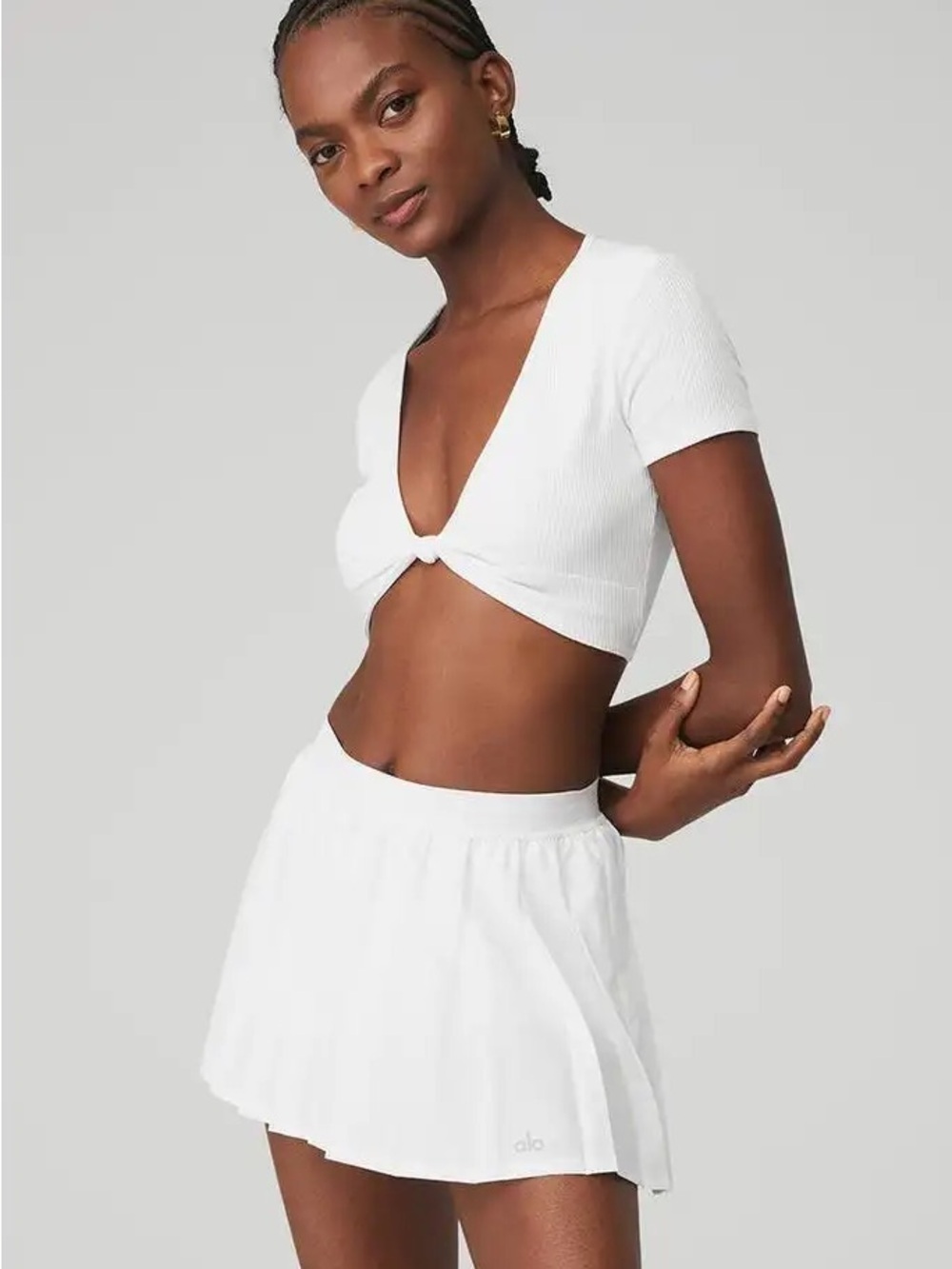 NWT ALO Yoga Ribbed Knotty Short Sleeve Crop Top White - Picture 2 of 8